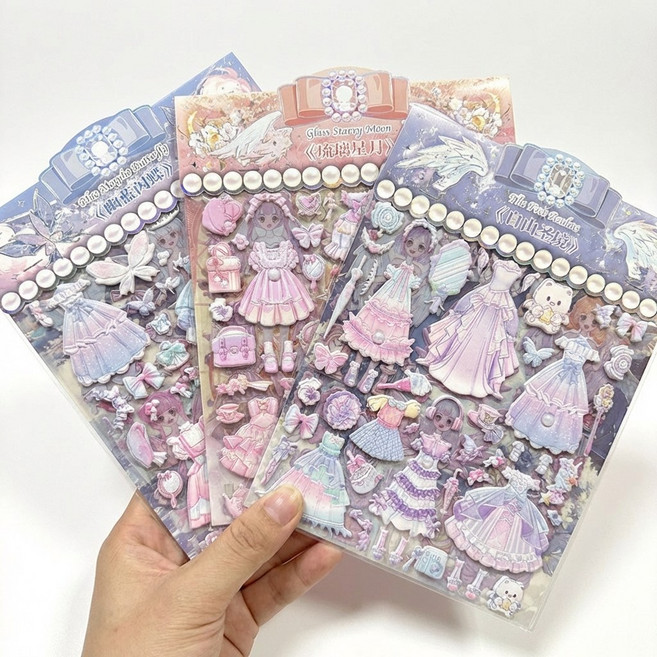 공주 인형놀이 스티커 드레스 코디 3종 세트, 1세트, 블루+핑크+퍼플