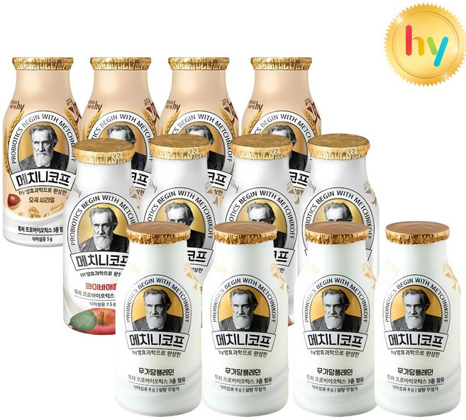 HY 한국야쿠르트 메치니코프 140ml 3가지맛 요거트 (화이바4+무가당플레인4+오곡시리얼4) 총12입