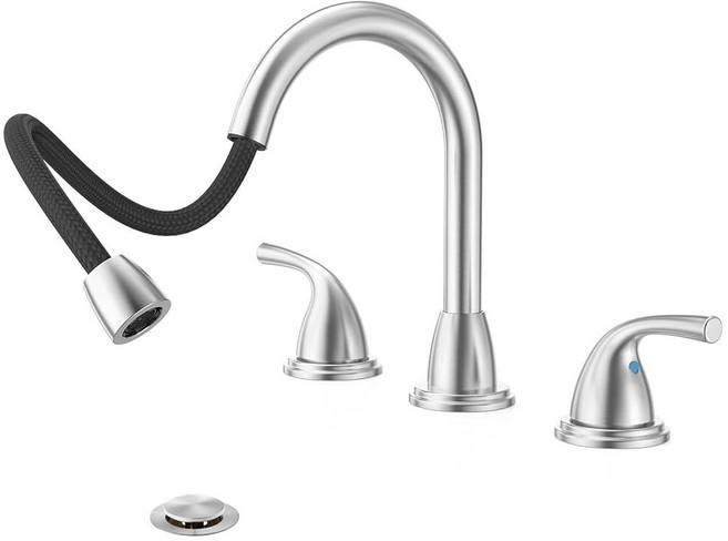 Phiestina 3 Hole Brushed Nickel Pull Down Sprayer 8 Inch Bathroom Sink Faucet 2 Handles Widesprea, Phiestina 3 Hole Brushed Nicke