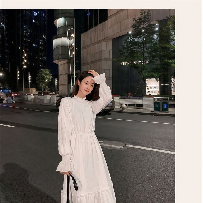 jacq 新款女裝 白色長袖洋裝 秋季新款溫柔風收腰顯瘦白色洋裝 簡約韓版仙女風長裙, 淑女款長袖白色,S 建議80-95斤