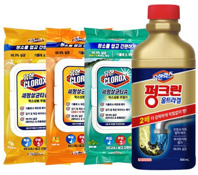 유한락스 세정살균티슈 60매 x 3개 +펑크린 울트라겔 500ml 배수구세정제 - 03_유한 후레시센트, 03_유한 세정살균티슈 후레시센트 60매 3개, +펑크린 울트라겔 500ml 1개