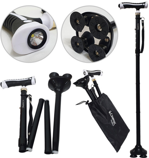 초경량 접이식 4발 지팡이 노인 어르신 할머니 할아버지 네발지팡이 길이조절 후레쉬기능 효도선물, 1개, 혼합색상