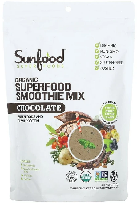 Sunfood 유기농 슈퍼푸드 스무디 믹스 초콜릿맛 227g 1개입 단백질식이섬유 함유 초코 파우더 (미국산), 1개 - 쿠팡