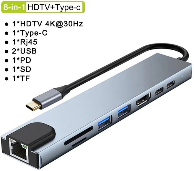 USB C 허브 타입 스플리터 썬더볼트 3 도킹 스테이션 노트북 어댑터 맥북 에어 M1 아이패드 프로 RJ45 HDMI, 06 8 in 1