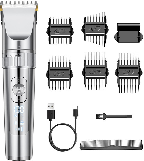 LifeSync 전문가용 다용도 전기 이발기 방수 무선 LED 바리깡 세트 저소음 미용실용 가정용, 실버