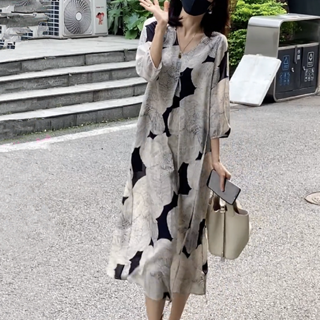 삼제태전 봄여름 여성 캐주얼 브이넥 칠부 수묵 루즈핏 패션 a라인 롱 원피스