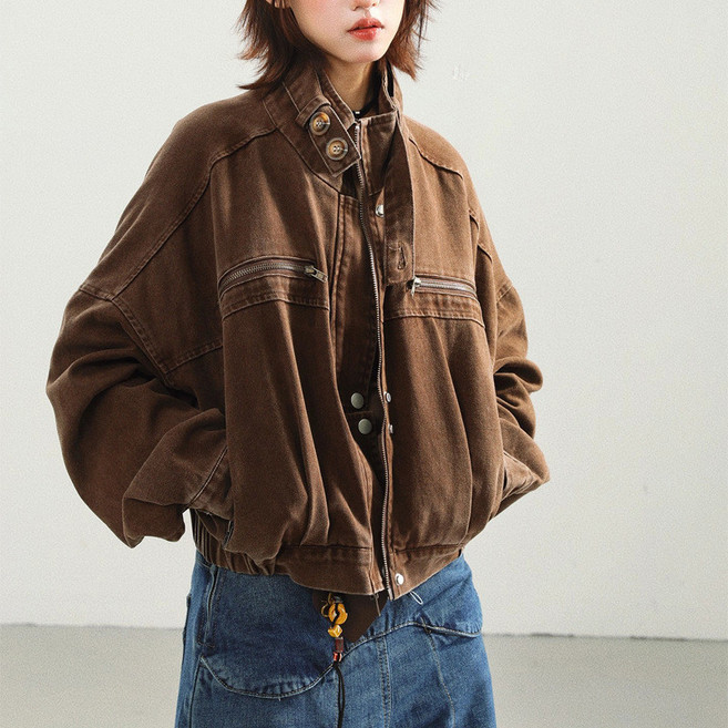 美式復古工裝牛仔外套女 寬鬆短款夾克上衣