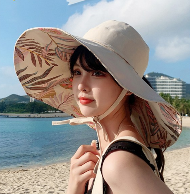 여름 리프 리버시블 빅 선캡 버킷햇 바캉스 모자