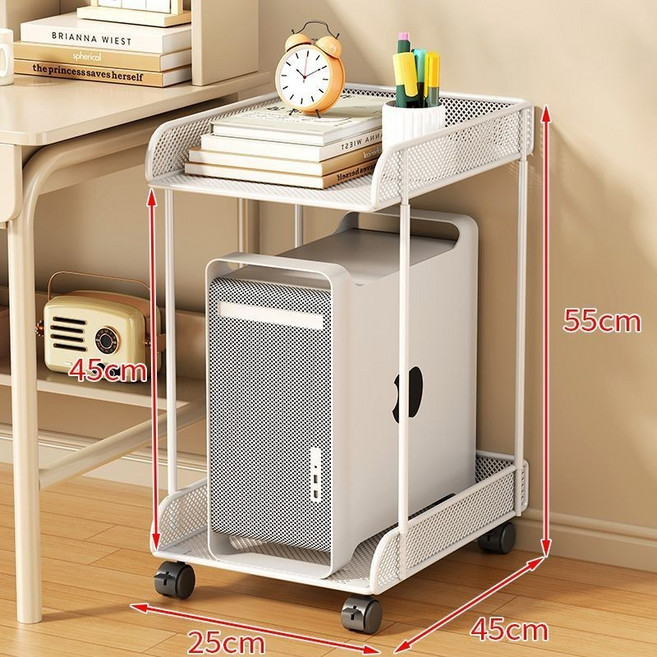 臺南出貨 主機托架 臺式電腦主機箱托架 底座置物架 兩層鐵藝 放置架 帶輪可移動, 1個, 白色大號雙層主機架 可移動帶剎車