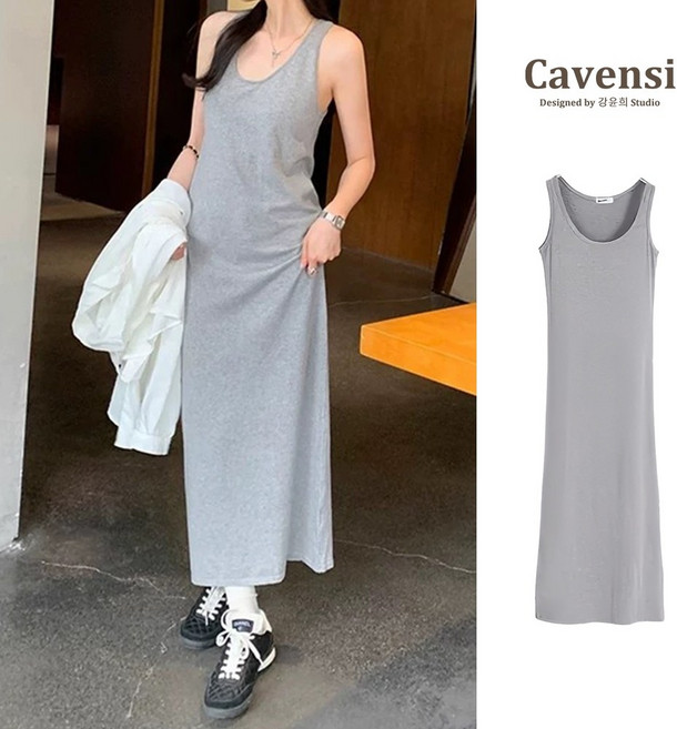 Cavensi 無袖涼感莫代爾休閒長洋裝, 慵懶淺灰,1XL（建議60-75公斤 ）