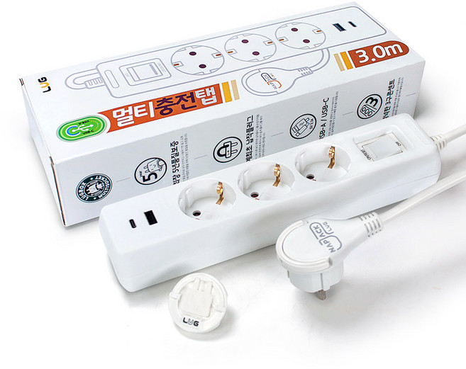 러그박스 3/5구 납작플러그 고속충전 USB C타입 고용량 3680W 멀티탭 1.5M/ 3M, 1개, 3구 화이트