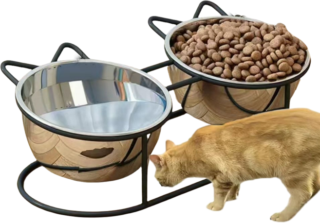 스테인레스 스틸 고양이 밥그릇2구+논슬립 베이스 전복방지 고양이물그릇 개밥그릇 애견식기, 블랙, 14.7*7.6cm