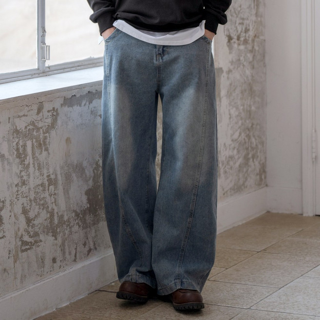 스몰더 남자 와이드 워싱 브로딘 밴딩 청바지 팬츠