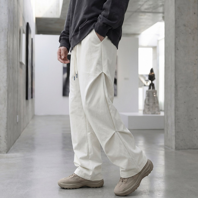 FINAL SENSE남성 와이드 팬츠 루즈한 핏 밑단 스트링 조절 가능 드레이프감 우수한 캐주얼 팬츠 필링 방지 내마모 발수 기능 카고바지