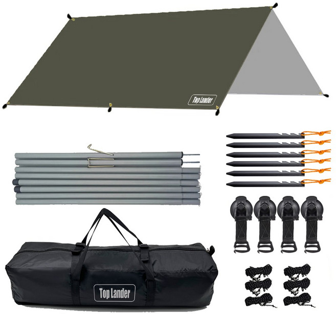 탑 랜더 대형 렉타 캠핑 방수 타프 차량용어닝 야외용 UV 차단, 타프 세트, 올리브 그린
