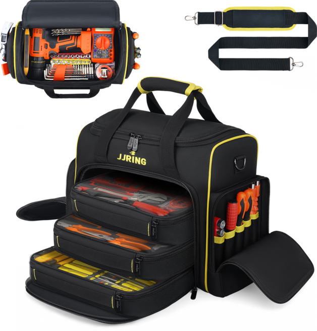 JJRING 2.0 세대 공구가방 3단 분리형 케이스 포함 더블레이어 대용량 공구토트 내수성 내구성 다용도 수납백 공예 및 공구정리용, 1개