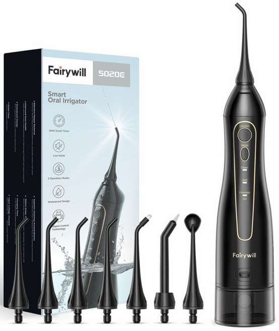 Fairywill 충전식 휴대용 치과 구강 세정기 3 가지 모드 물 탱크 300ml 방수 치아 클리너, 1개, 5020EBlack7