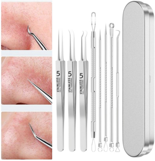 독일 세이코 멀티 쥐젖 코 피지 제거기 여드름 압출기 핀셋 바늘 블랙헤드 뾰루지 비립종 피부과 전용 8종 세트, 1세트, 실버