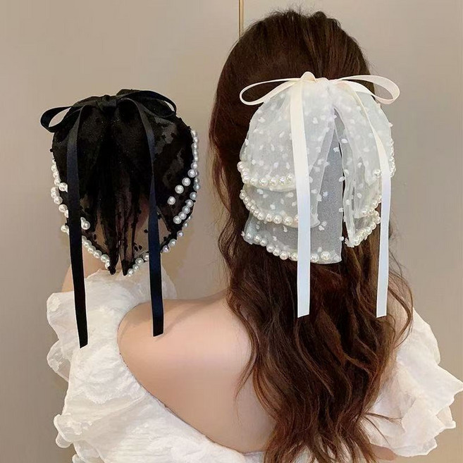 ZMBIRD 2종세트 리본 집게핀 망사 진주 대형 올림머리 N461