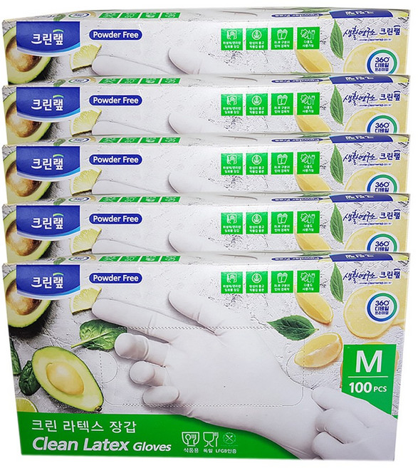 크린랩 라텍스 장갑 (M 중형) 100매 요리용 청소용 이미용 일회용 위생장갑, 5개, M