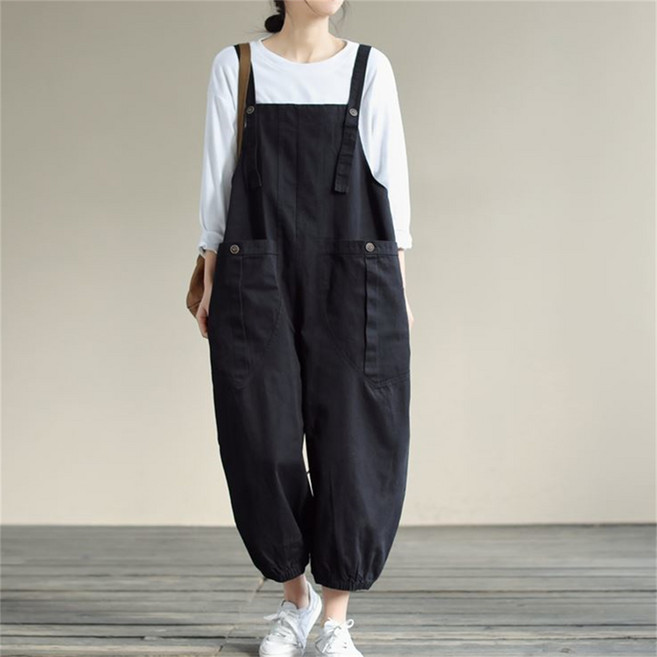 Vezri 여성용 봄 가을 패션 널찍한 캐주얼 와이드 멜빵 바지 빅포켓 디자인