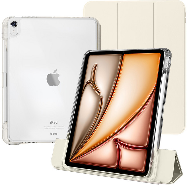 케노 아이패드 세로거치 애플펜슬수납 충전 더블투명케이스, 크림