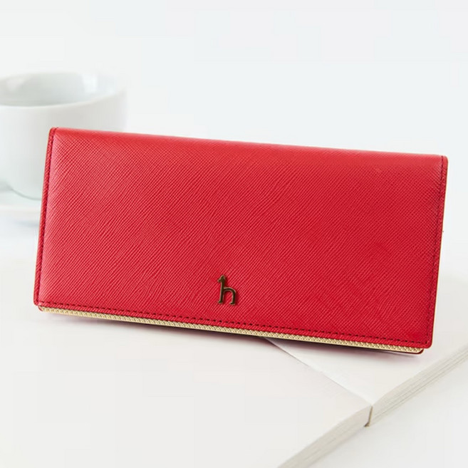 헤지스 골드 로고 라인배색 소가죽 여성 장지갑