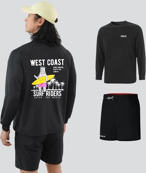 남자 여자 루즈핏 긴팔 래쉬가드 상의 + 반바지 레깅스 상하의 세트