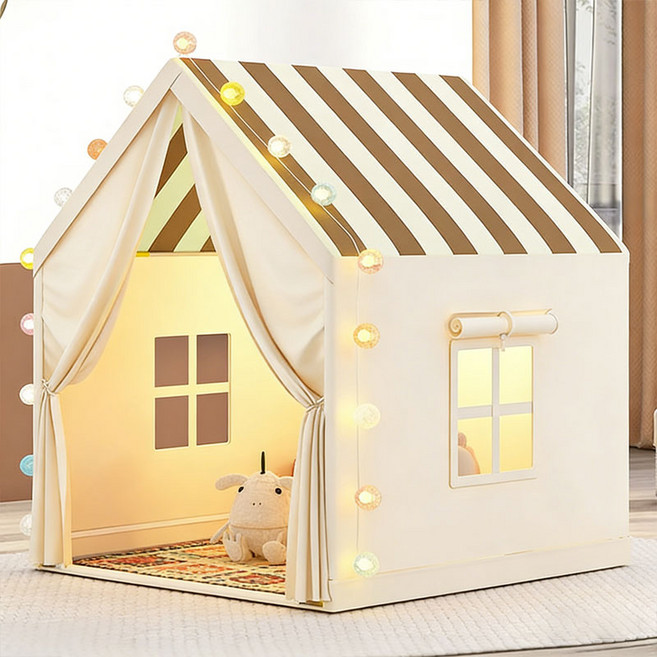 SeekFun 실내 텐트 홈캠핑 귀여운 격자 무늬 놀이집 편리한 세탁 핑크 베이지, 1개, 베이지색(줄무늬)