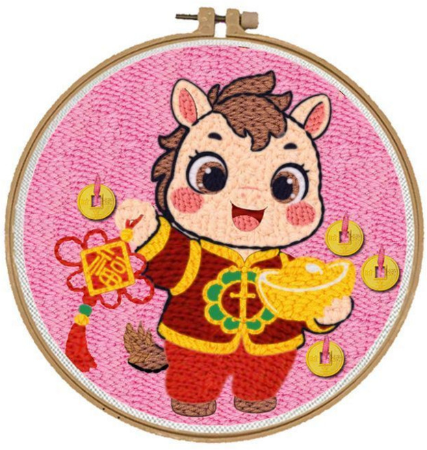 戳戳繡 手工diy材料包 刺繡擺件新年禮物, 1個, 財馬送福,包含毛線戳布+簡單筆