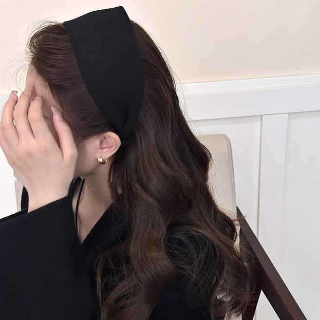 針織寬邊髮箍 素麵髮箍 高顱頂髮箍 洗臉頭箍, 1個, 黑色,針織寬邊髮箍