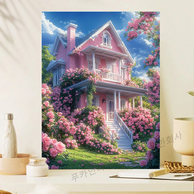 액자형 3D 사각큐빅 보석십자수 DIY 키트 캔버스 일체형 풍경 동물 꽃식물 금전운 풍수 그림 장식 선물용 40x50cm, 1개, 아름다운 작은 양옥