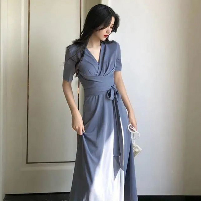 besteffie 여성용 봄여름 슬림핏 브이넥 허리선 강조 앞트임 원피스 K18