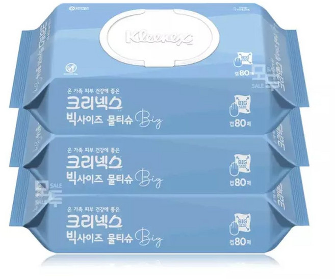 크리넥스 빅사이즈 물티슈 캡형 80매x3팩 /넉넉한 사이즈, 45g, 80매, 3개