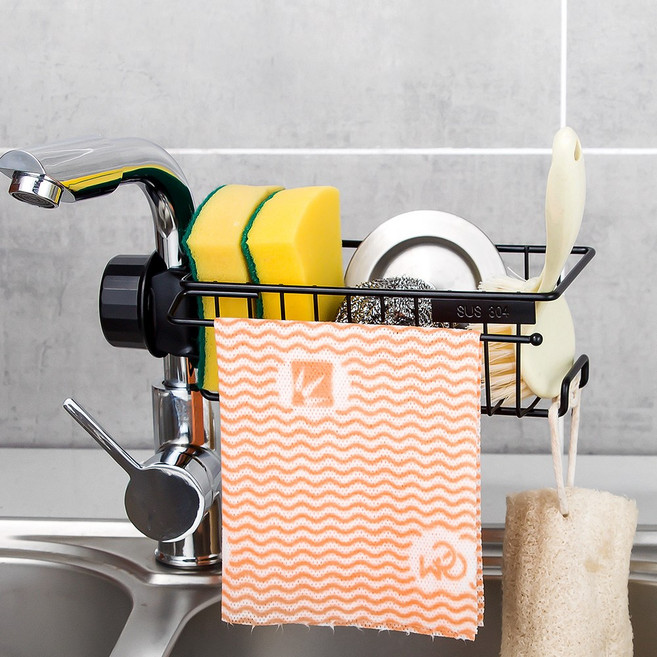 원기화 304 스테인리스 스틸 주방 수도꼭지 선반 수세미 거치대, 1개, 블랙, 1단