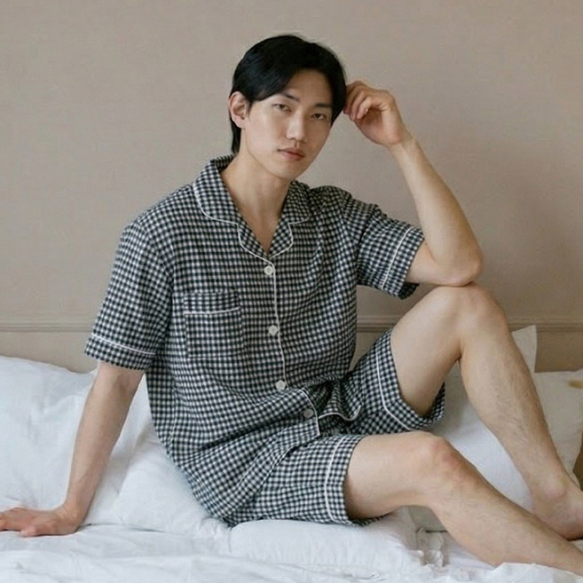 잔체크 잠옷세트 카라 반팔 여성 남성 파자마 한벌 커플 홈웨어 실내복 잠옷 상하의 세트