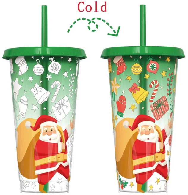 크리스마스 색상 변하는 플라스틱 빨대컵 산타 디자인 재사용 가능한 뚜껑 있는 파티용 아이스 음료 선물, 03 Green Santa Claus