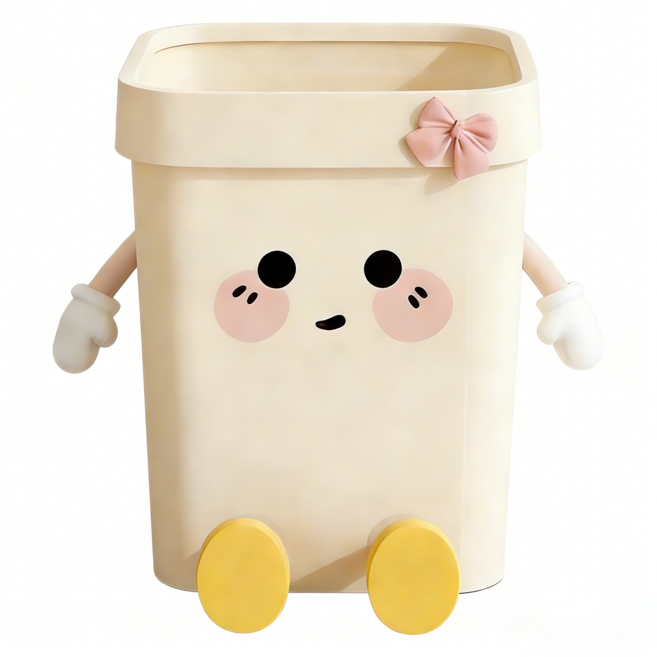 북유럽 귀여운 캐릭터 쓰레기통 크림색 리본 주방 거실 아동방 다용도 휴지통, 젖빛 으로 앉은 자세