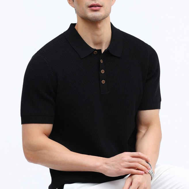 글리멜로 여름 남자 골지 카라 니트 반팔 티셔츠