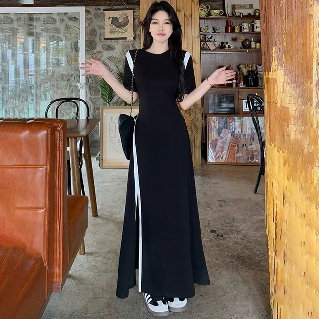 POMTOR 여름 여성 라운드 반팔 트임 롱 스커트 슬림 허리 조임 빅사이즈 원피스