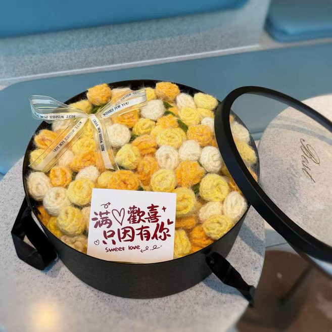 手工編織玫瑰花束毛毯 閨蜜生日禮物, 花海禮盒 毛茸漸變橘 - 橘色毯 賀卡, 1個