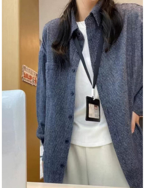 深藍格子磨毛襯衫女 春季寬鬆休閒百搭薄款襯衣外套