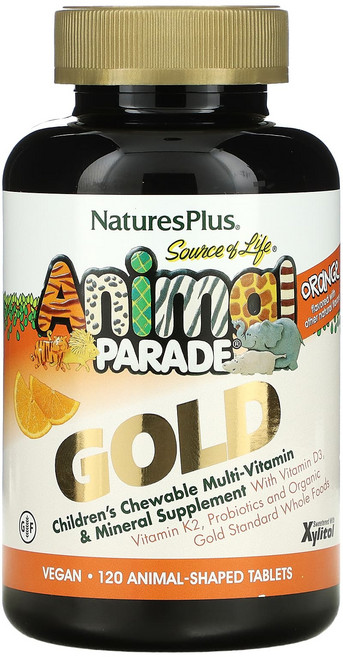 네이쳐스플러스 소스오브라이프 애니멀퍼레이드 골드 츄어블 멀티비타민 미네랄 오렌지 동물 모양 120정, 1개