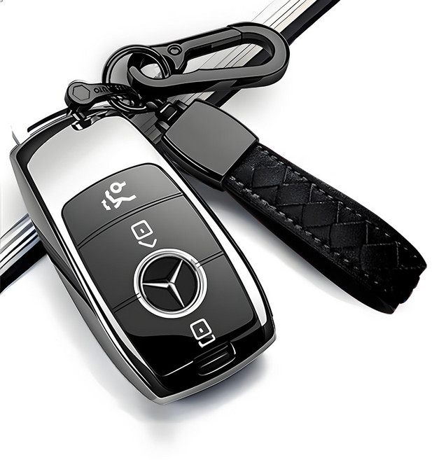 MODACE 벤츠 호환 자동차 스마트키 케이스 TPU Benz 키홀더 + 가죽 메탈 키링, 와 양가죽 키링, 실버 블랙