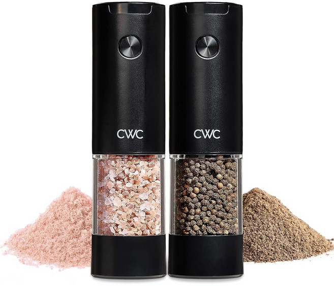 소금그라인더 요리하기 2개의 전기 소금 그라인더 세트 페퍼 셰이커 자동 조절 가능한 거칠기 페퍼콘 향신료 배터리 LED 조명 3인치 7인치 다크 세이지용, Black