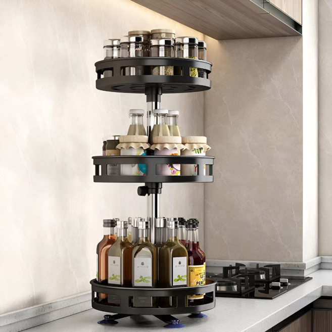 다온이네 3단 회전트레이 높이조절 양념통 정리대 주방 조미료 정리선반, 블랙, 1개