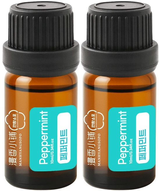 1+1 천연 100% 아로마 오일 에센셜 만향소포 PETA 비건 아로마테라피, 2개, 10ml, 페퍼민트 에센셜오일 - 쿠팡