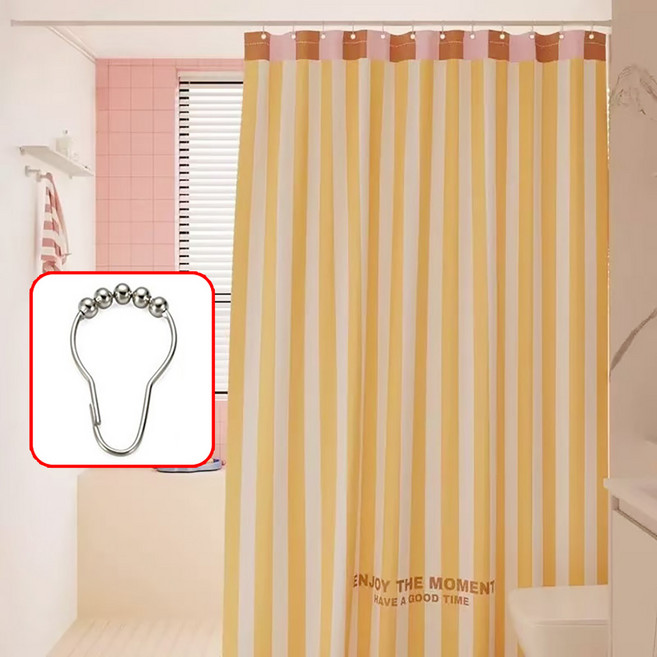 Alemon 프리미엄 패브릭 방수 샤워 커튼 + 스텐 커튼 링, 옐로우 스트라이프, 1개