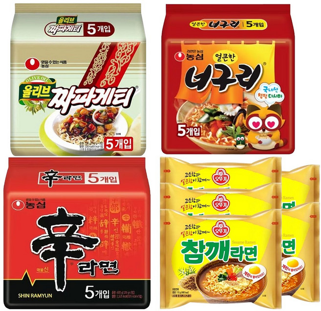 [천지라면] 참깨세트 인기봉지라면 4종 20개입 (짜파게티5 참깨라면5 너구리5 신라면5) 라면스프 1세트