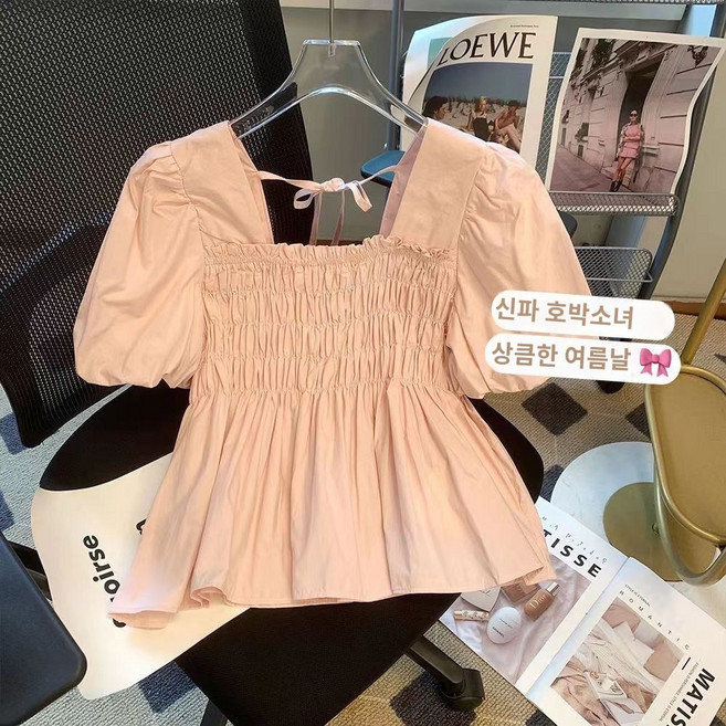 퍼프소매 스퀘어넥 반팔 블라우스 프렌치